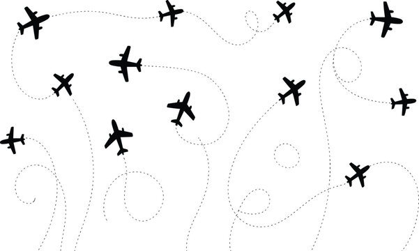 Airplane flight routes vector background with black aircraft silhouettes and dotted lines for travel aviation tourism global transportation pattern.