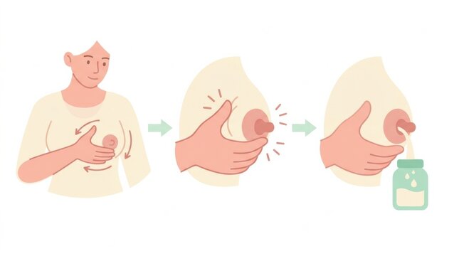 Mother engages in expressing breast milk from her breast using hands, demonstrating the method for collecting milk in a container.