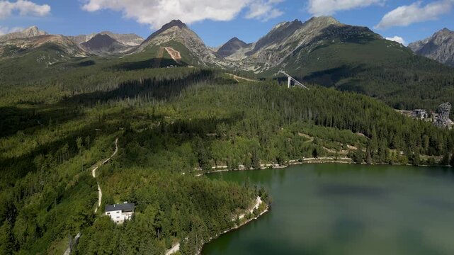 Aerial Drone View of &Scaron;trbsk&eacute; Pleso Lake Surrounded by the High Tatras Mountains