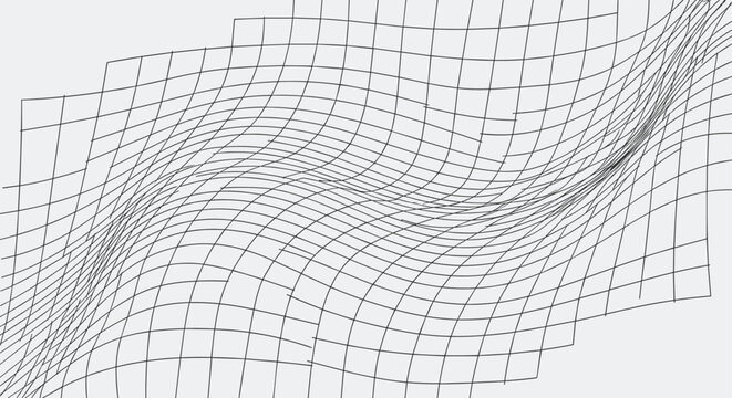 Three dimensional distorted wireframe grid mesh on a light grey background representing data visualization or digital terrain.