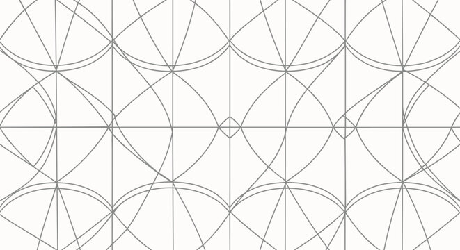 Repeating geometric pattern of thin grey interlocking circles and vertical lines on a white background for elegant wallpaper design.