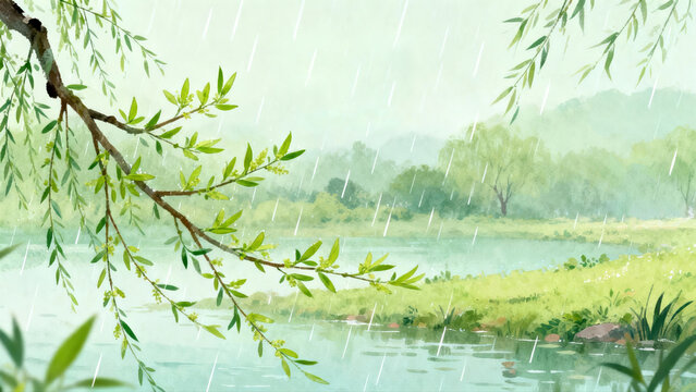 A picturesque rainy day scene featuring green willow branches over a tranquil river with lush greenery.