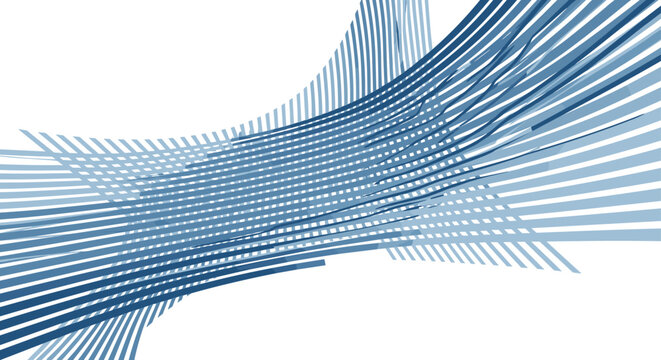 Abstract composition of parallel blue lines forming a warped three dimensional structure on a clean white background for design.