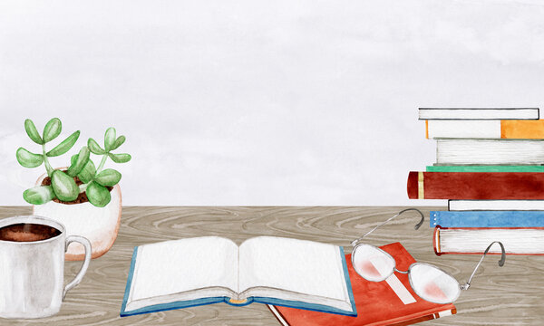 コーヒーと読書で休憩　机　背景 水彩 イラスト