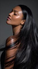 Fototapeta premium Black woman with long straight hair turning to side eyes closed elegant hairstyle