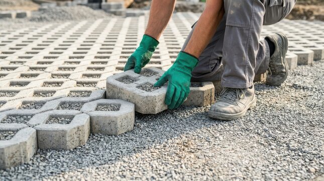 Construction worker laying concrete grass pavers on a gravel surface