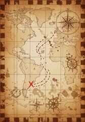 Fototapeta premium Vintage Treasure Map Illustration with Compass Rose, Nautical Elements