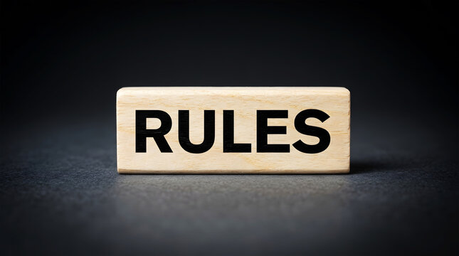 Wooden block with the word R U L E S in black text on a dark background rules