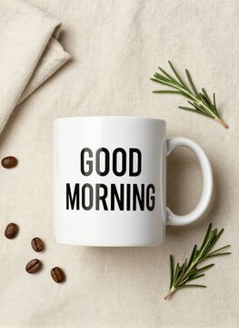 White Ceramic Mug With Phrase Good Morning Printed In Bold Black Letters On Side Positioned Centrally Against Textured Beige Fabric Background Soft