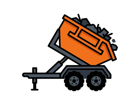 Construction waste skip trailer tilted for dumping debris