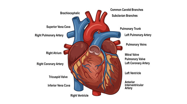 Human heart anatomy diagram with labeled arteries veins and chambers