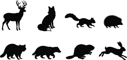 Obraz premium Woodland Animal Silhouette Collection Featuring Deer Fox Squirrel Hedgehog Beaver and Rabbit