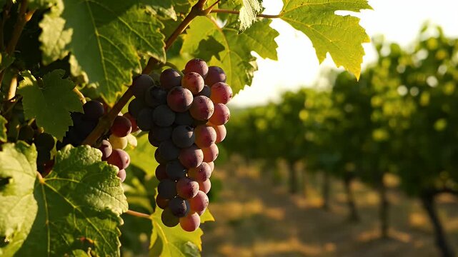 Vineyard Landscape With Ripe Grapes On The Vine Illuminated By Golden Sunlight