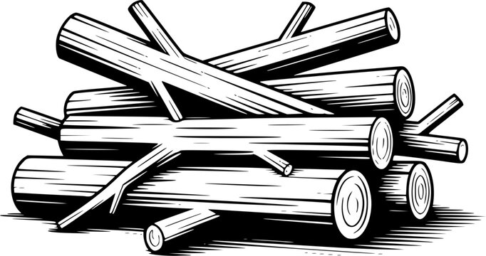 Firewood log pile vector illustration featuring a rustic stack of cut wooden timber branches in a retro black and white engraved woodcut line art style.