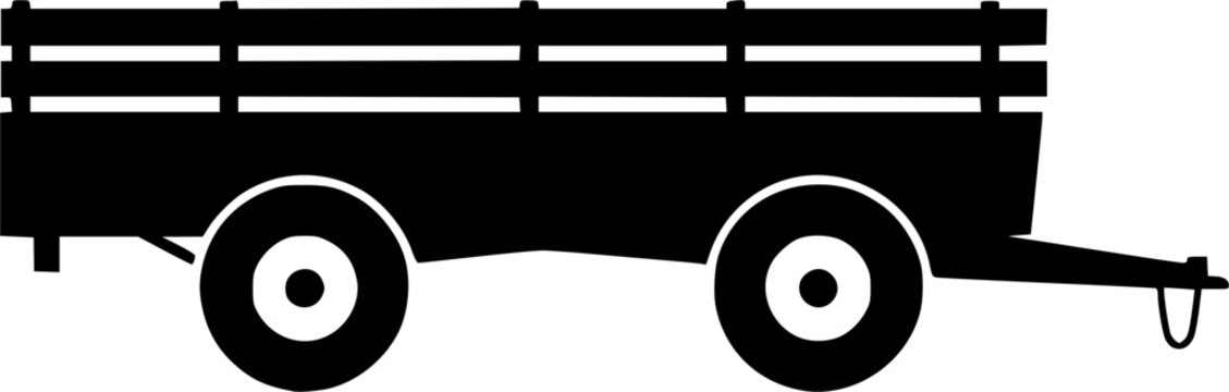 Farming trailer vehicle vector silhouette icon featuring a classic wooden side panel cargo wagon for agricultural hauling, tractor pulling, and harvest logistics transportation.