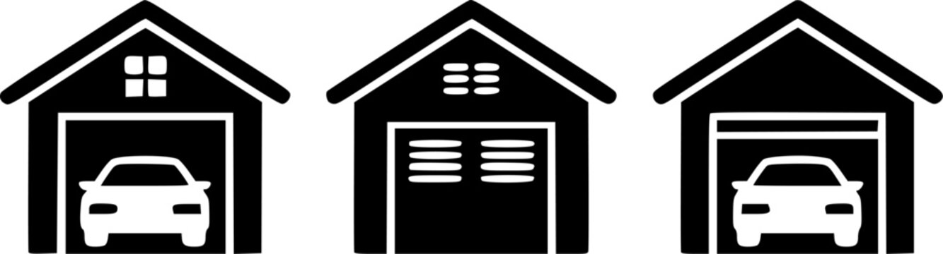 Residential house garage vector icon set featuring automatic roll-up shutter doors, open garages with parked cars, and real estate property parking facility silhouettes.