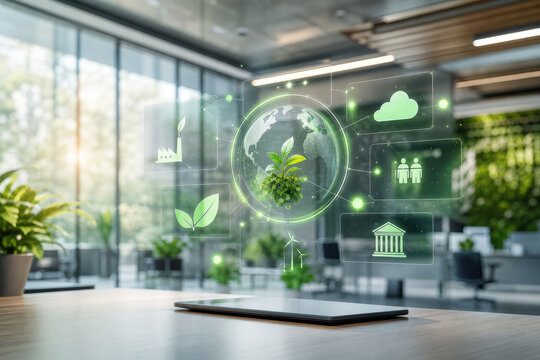 Sustainable technology in modern office with digital globe and green icons