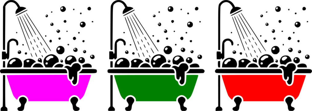 Classic bathtub with shower head vector icon set featuring vintage clawfoot tubs filled with water bubbles and soap foam in vibrant pink, green, and red color variations.