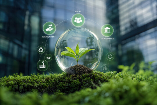 Plant glass globe green sustainability environment social governance seedling ecosystem climate nature growth soil moss leaf circle icon renewable conservation ecology clean energy responsible