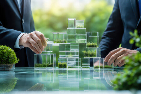 Glass block green plant business man hand office teamwork sustainability eco friendly architecture concept