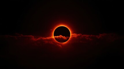 Fototapeta premium Total solar eclipse with glowing red light ring behind dark clouds in night sky
