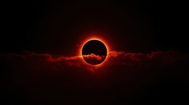 Total solar eclipse with glowing red light ring behind dark clouds in night sky
