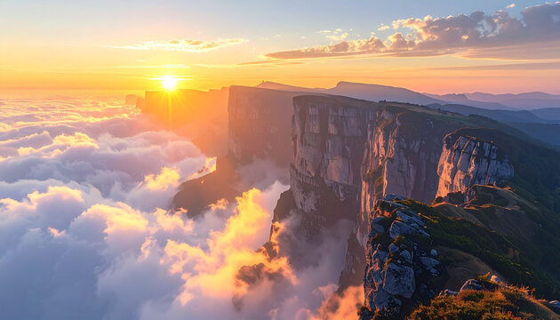 Majestic Golden Sunrise Over High Mountain Cliffs and Sea of Clouds