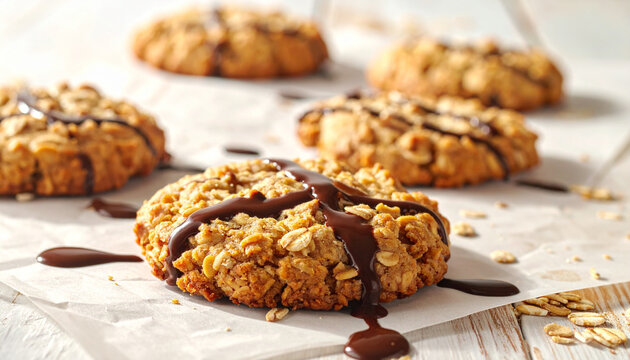 Homemade Oatmeal Cookies with Melted Chocolate Drizzle