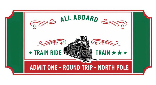 Vintage Christmas North Pole Train Ticket Design with Steam Locomotive