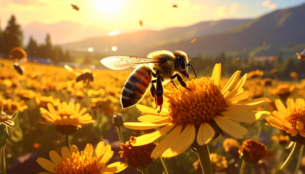 Honeybee Pollinating Yellow Flower in Meadow at Sunset