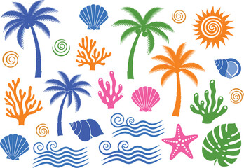 Obraz premium Tropical summer vector set with palm trees, seashells, corals, waves, starfish, sun, and leaves in bright colorful design