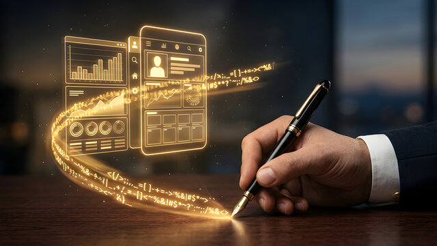 Surreal realistic photo of a suited hand using a pen to write glowing golden holographic computer code.