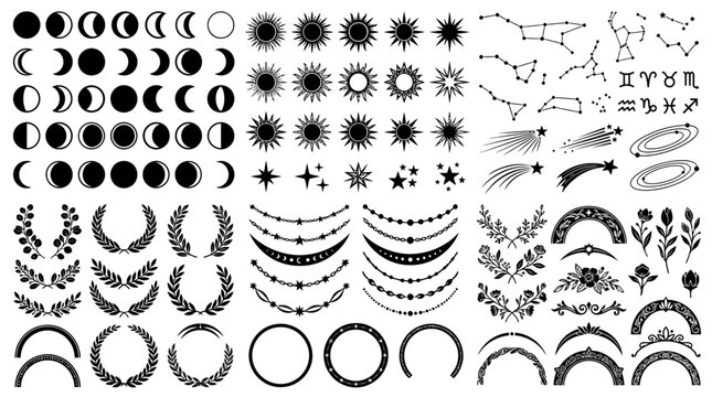 Black and white celestial moon phases.
