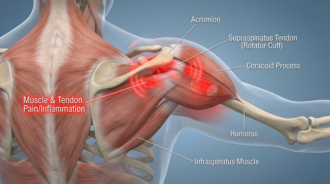Anatomical illustration of the human shoulder muscles and tendons