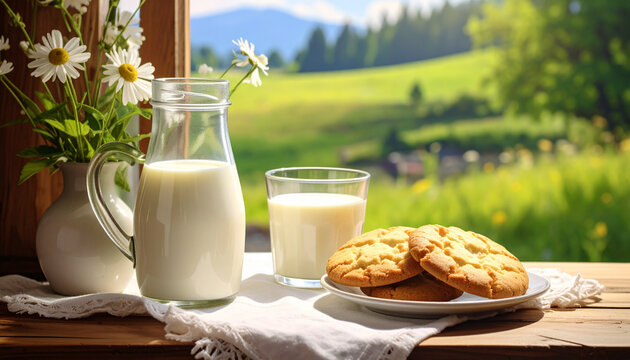 Fresh Milk and Homemade Cookies on Rustic Window Sill with View