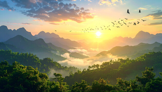 Majestic golden sunrise over misty mountain forest with birds flying