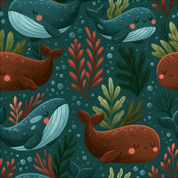 Cute whale seamless pattern with playful ocean animals, underwater seaweed background, hand drawn marine illustration for nursery textiles, wrapping paper, wallpaper and fabric design