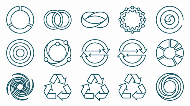 Collection of circular line icons representing recycling process and infinite loop symbols.