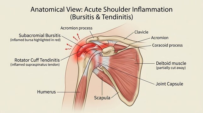 Anatomical view of acute shoulder inflammation bursitis and tendonitis
