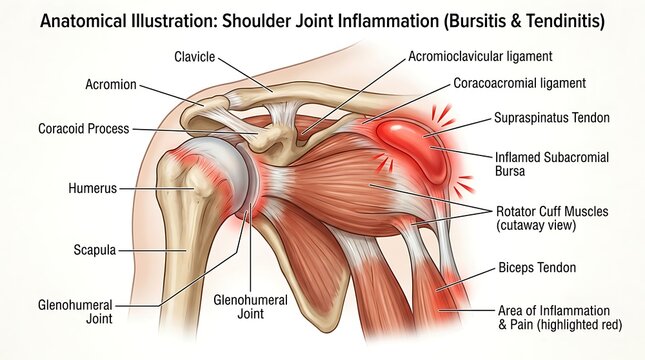 Anatomical illustration of shoulder joint inflammation bursitis