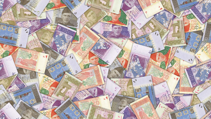 Fototapeta premium Seamless pattern. Financial illustration. Scattered pakistani 5, 10, 20, 50 rupee banknotes. Obverse and reverse. Money of Islamic Republic of Pakistan. Five, ten, twenty, fifty rupees. Economic