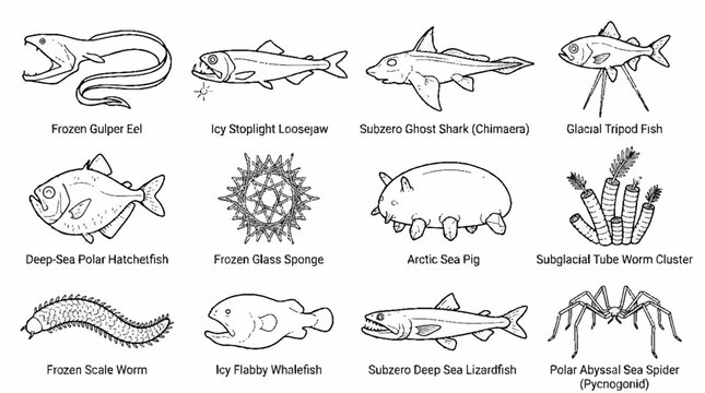 Collection of deep sea marine life illustrations featuring various exotic fish and underwater creatures.