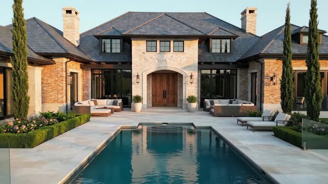 Front view of a luxurious mansion featuring a large swimming pool, elegant outdoor seating, and meticulously landscaped gardens. Daytime, clear sky.