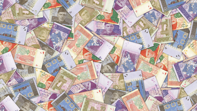 Seamless pattern. Financial illustration. Scattered pakistani 5, 10, 20, 50 rupee banknotes. Obverse and reverse. Money of Islamic Republic of Pakistan. Five, ten, twenty, fifty rupees. Economic