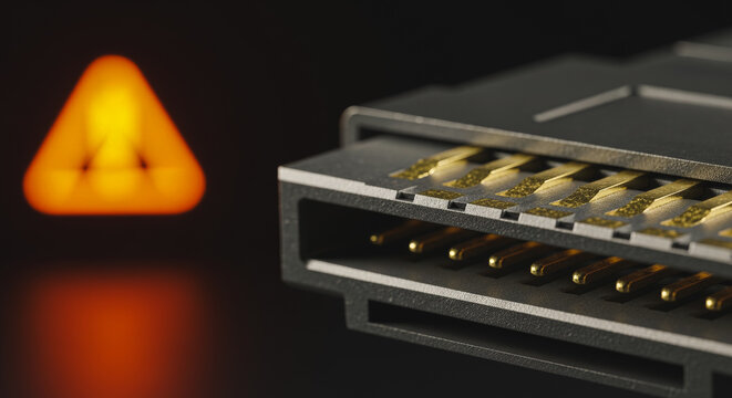Close-up of a SATA connector with gold pins against an orange warning light representing hardware and data risks