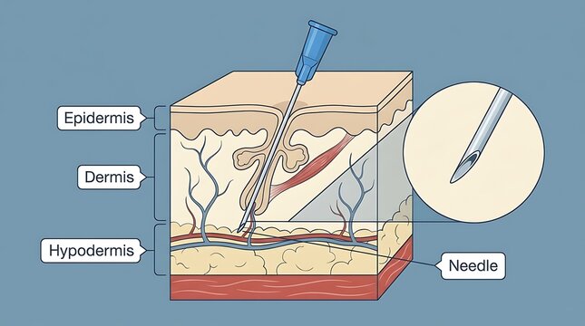 Diagram of a needle injecting into human tissue with injection