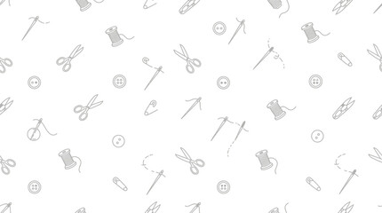Obraz premium Sewing supplies, needle, thread, scissors, buttons pattern