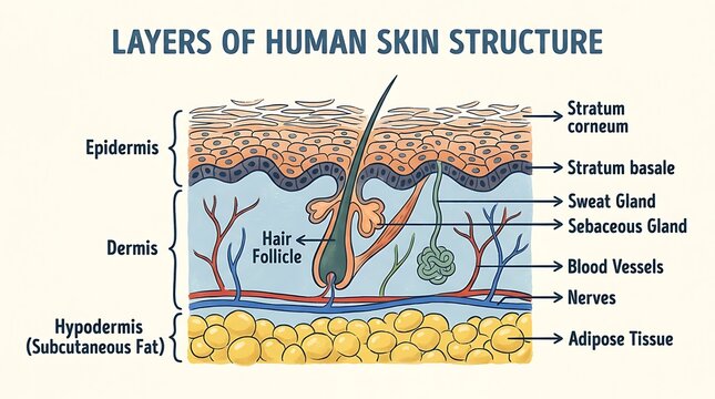 Illustrated cross-section of human skin showing different layers