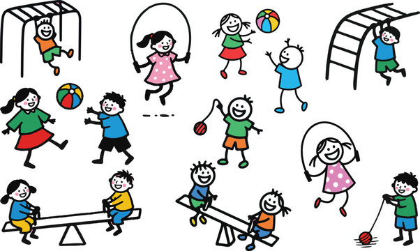 Colorful illustration of happy children playing together on a playground, enjoying jump rope, seesaw, monkey bars and ball games that convey joy, friendship, teamwork and active outdoor fun