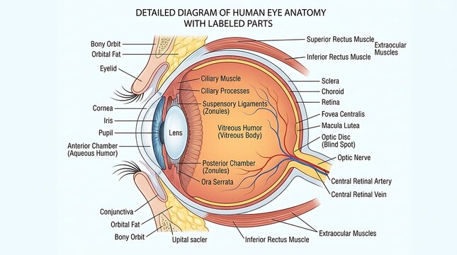 Detailed diagram of human eye anatomy with labeled parts, vitreous